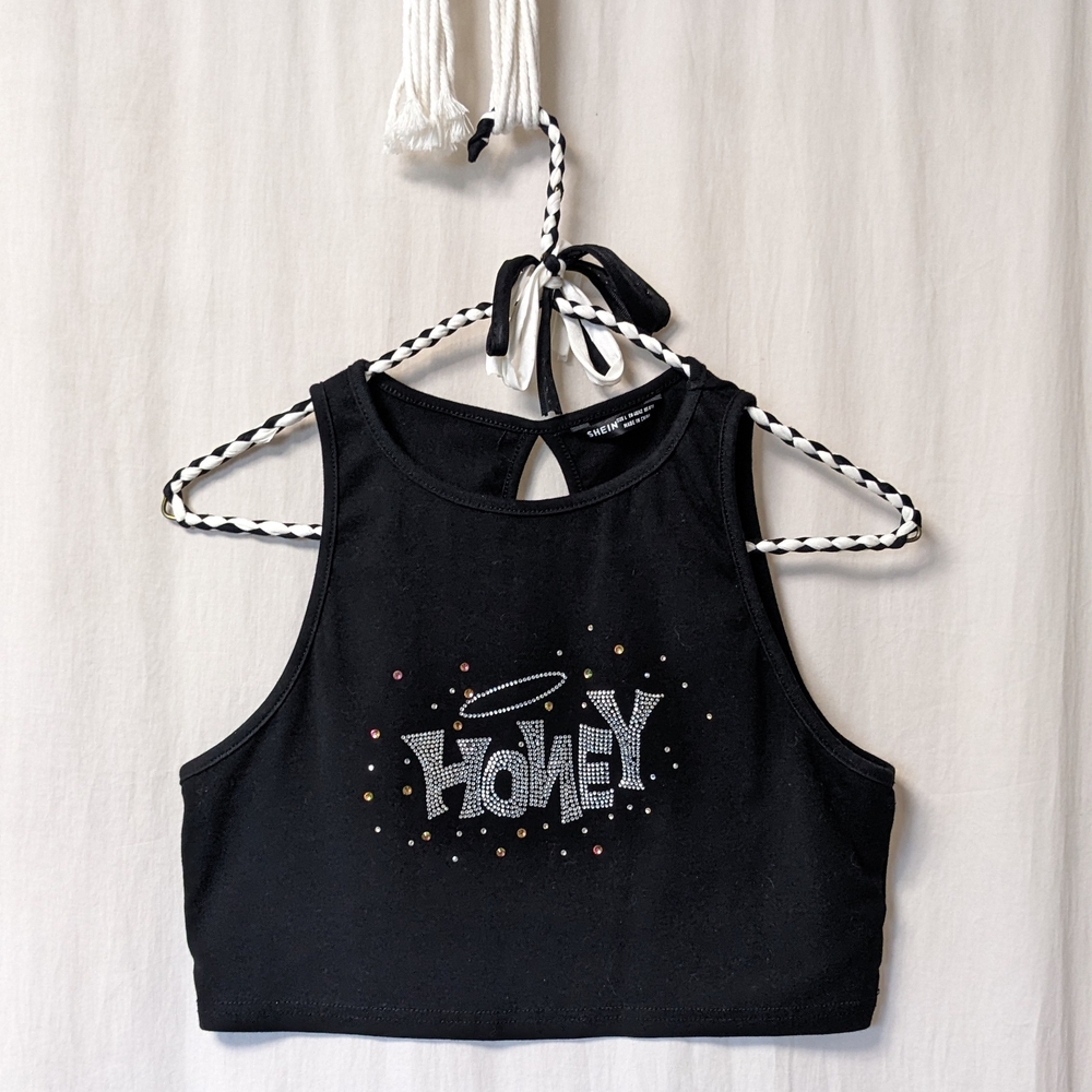 2/$25 Shein Rhinestoned 'Honey' Black Tank Top With Keyhole Cutout On Back